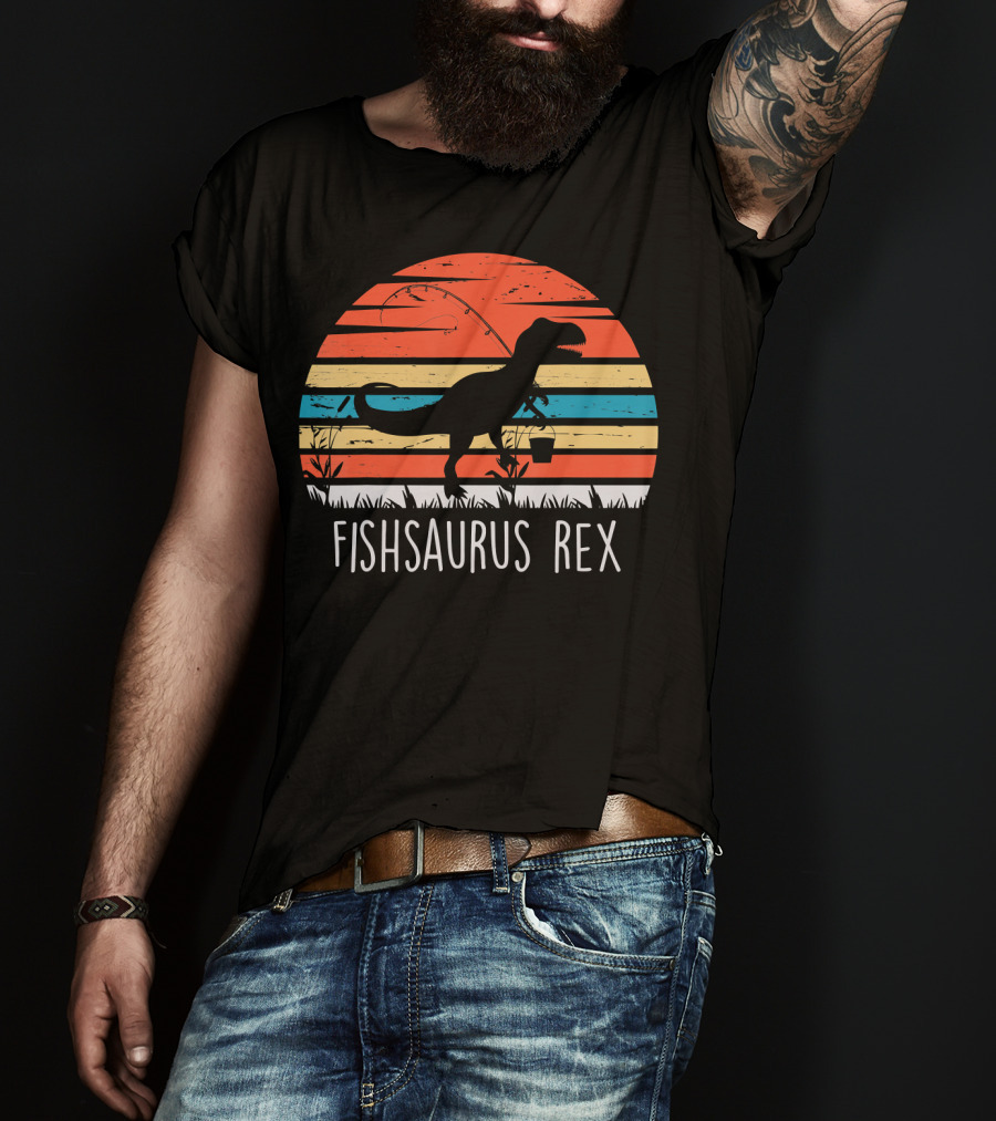 Fishsaurus Rex Dinosaur Vintage Fishing Sunset T-Shirt