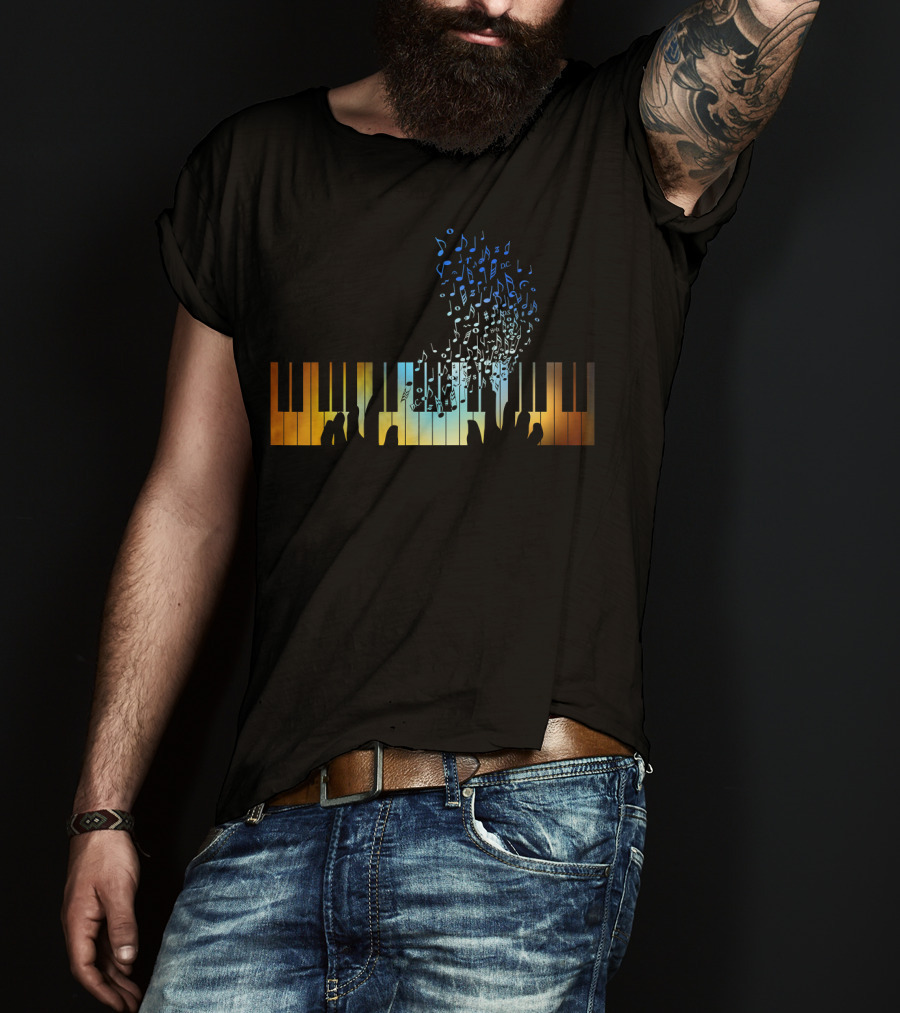 Musical Notes Rising From Colorful Keyboard Piano T-Shirt