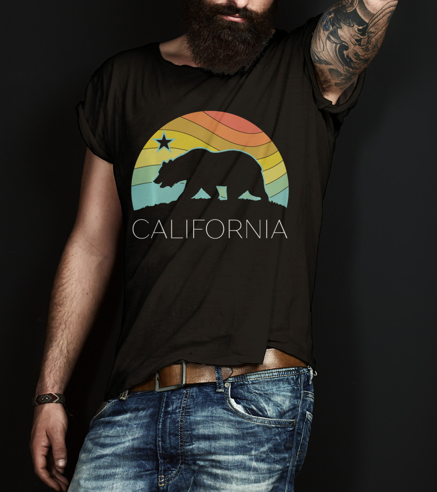 Retro California Bear Vintage Beach Cali Pride Surf 70s 80s Star Rainbow T-Shirt
