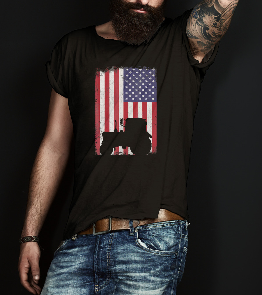 Patriotic American Flag With Vintage Tractor Farming T-Shirt