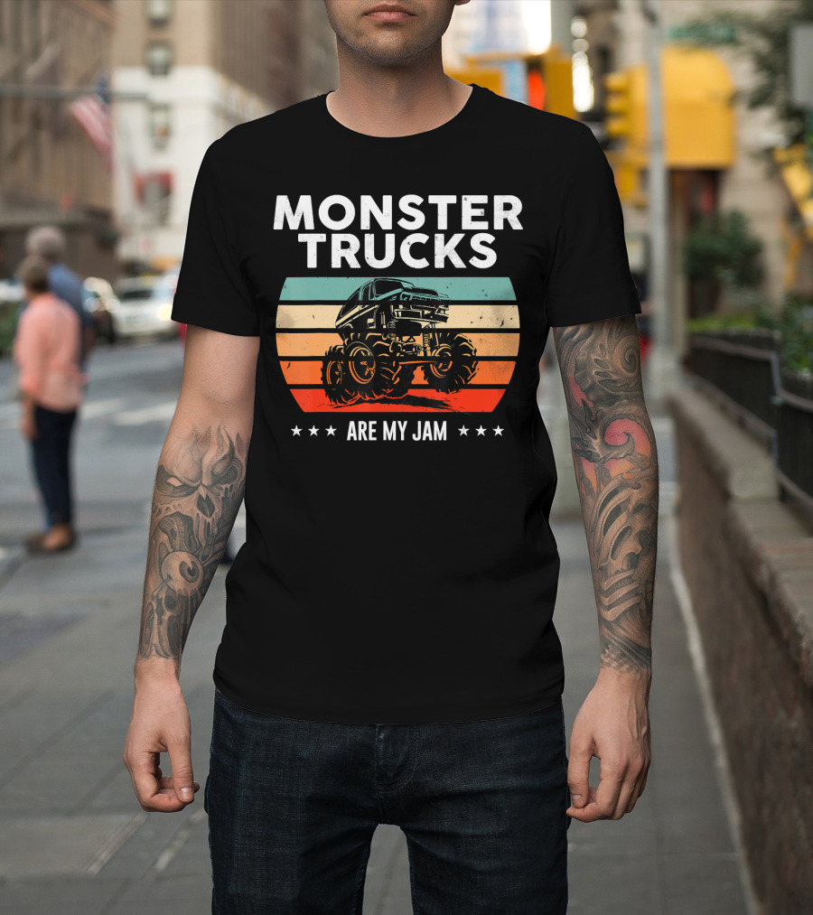 Monster Trucks Are My Jam Retro Sunset Vintage Cool Engines T-Shirt