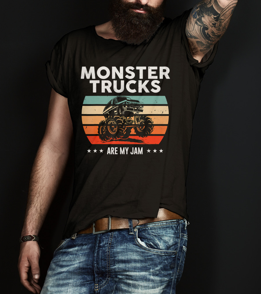 Monster Trucks Are My Jam Retro Sunset Vintage Cool Engines T-Shirt