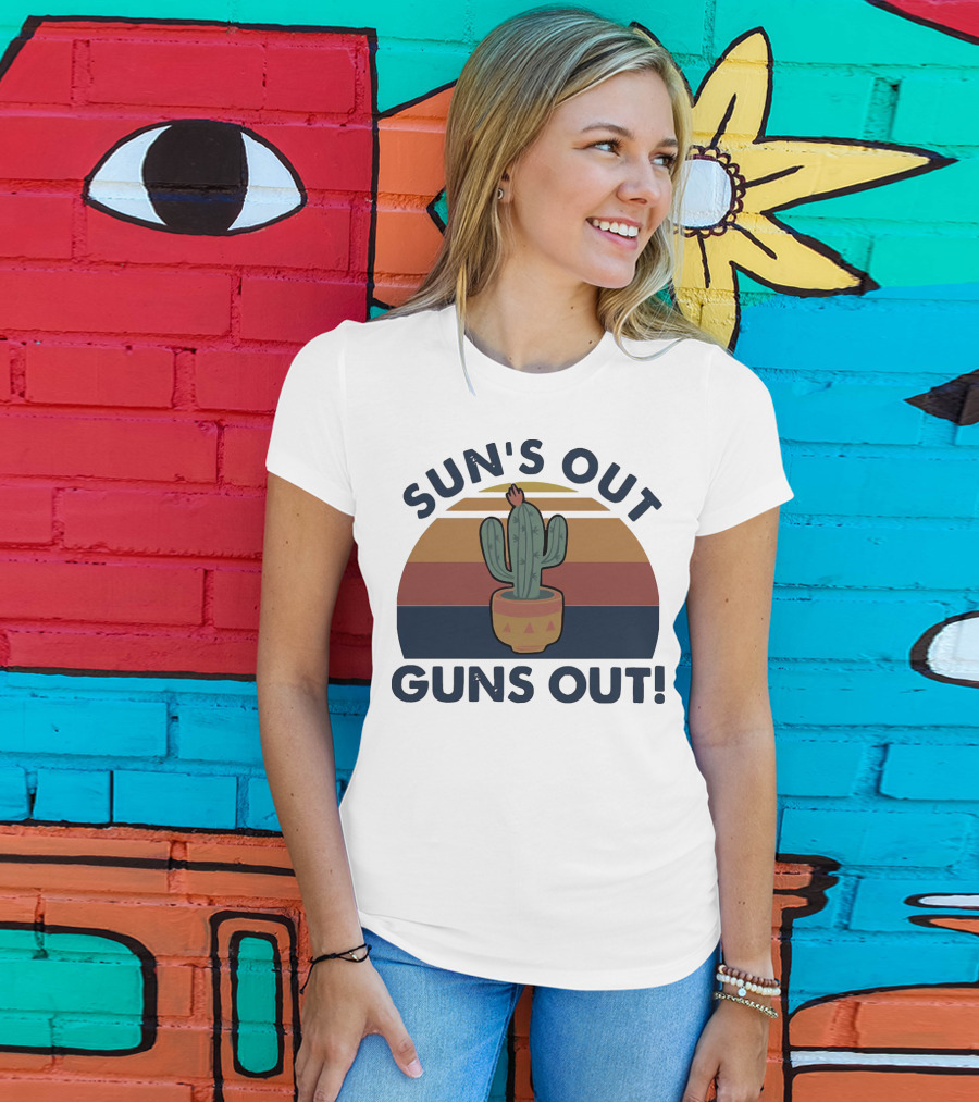 Sun’s Out Guns Out Cactus Retro Sunburst T-Shirt
