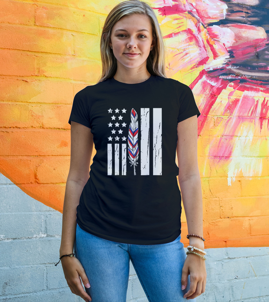 American Flag Stars Stripes Native Tribe Feather Pride T-Shirt