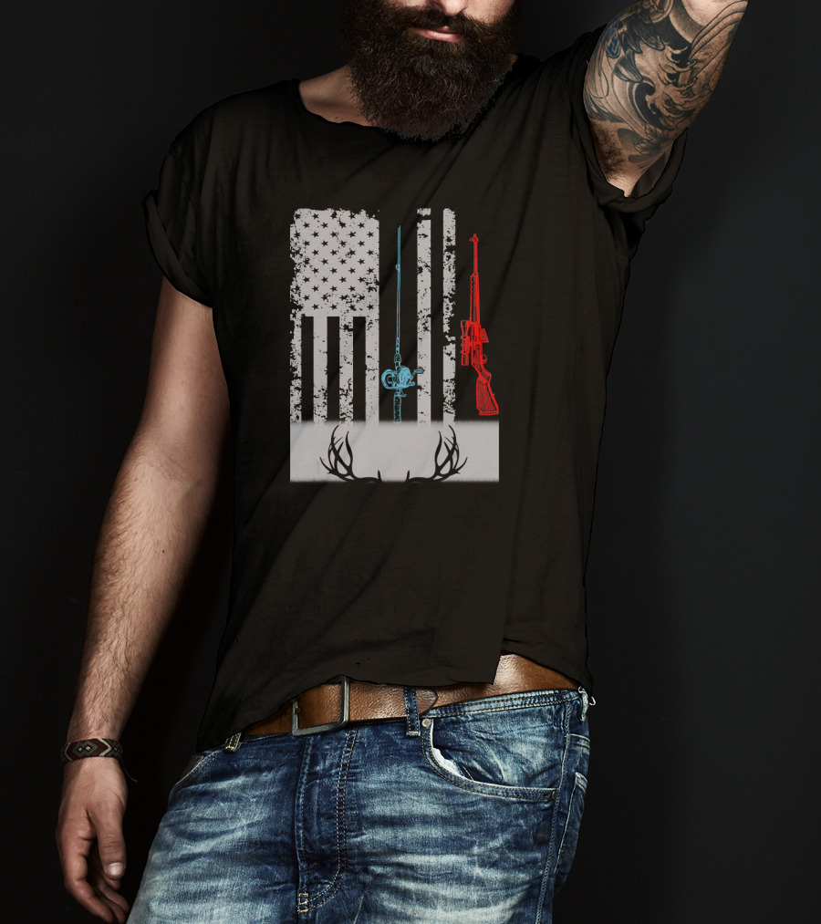 American Flag Fishing Rod Rifle Antlers T-Shirt