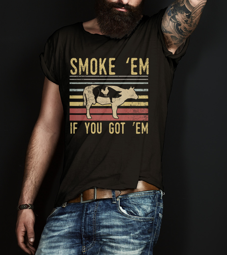 Retro BBQ Smoke 'Em If You Got 'Em Grilling Cow And Pig Silhouette Vintage Stripes T-Shirt