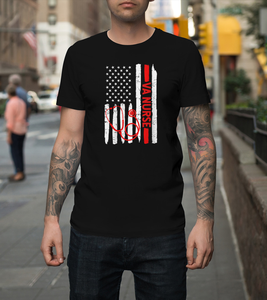 American Flag VA Nurse Stethoscope Black History Month T-Shirt