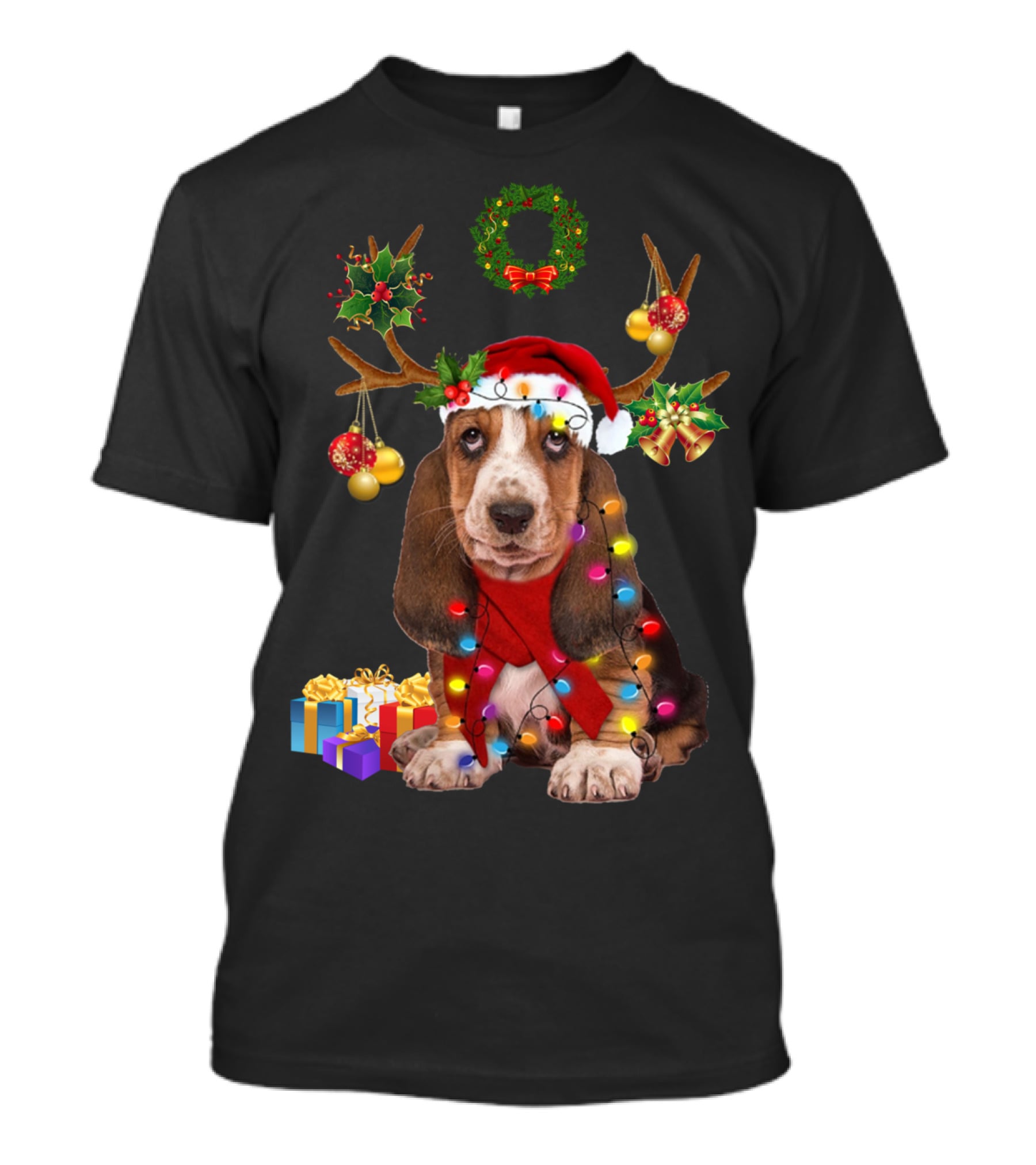 Basset Hound Santa Hat Reindeer Christmas Lights Wreath Holiday Gifts T-Shirt
