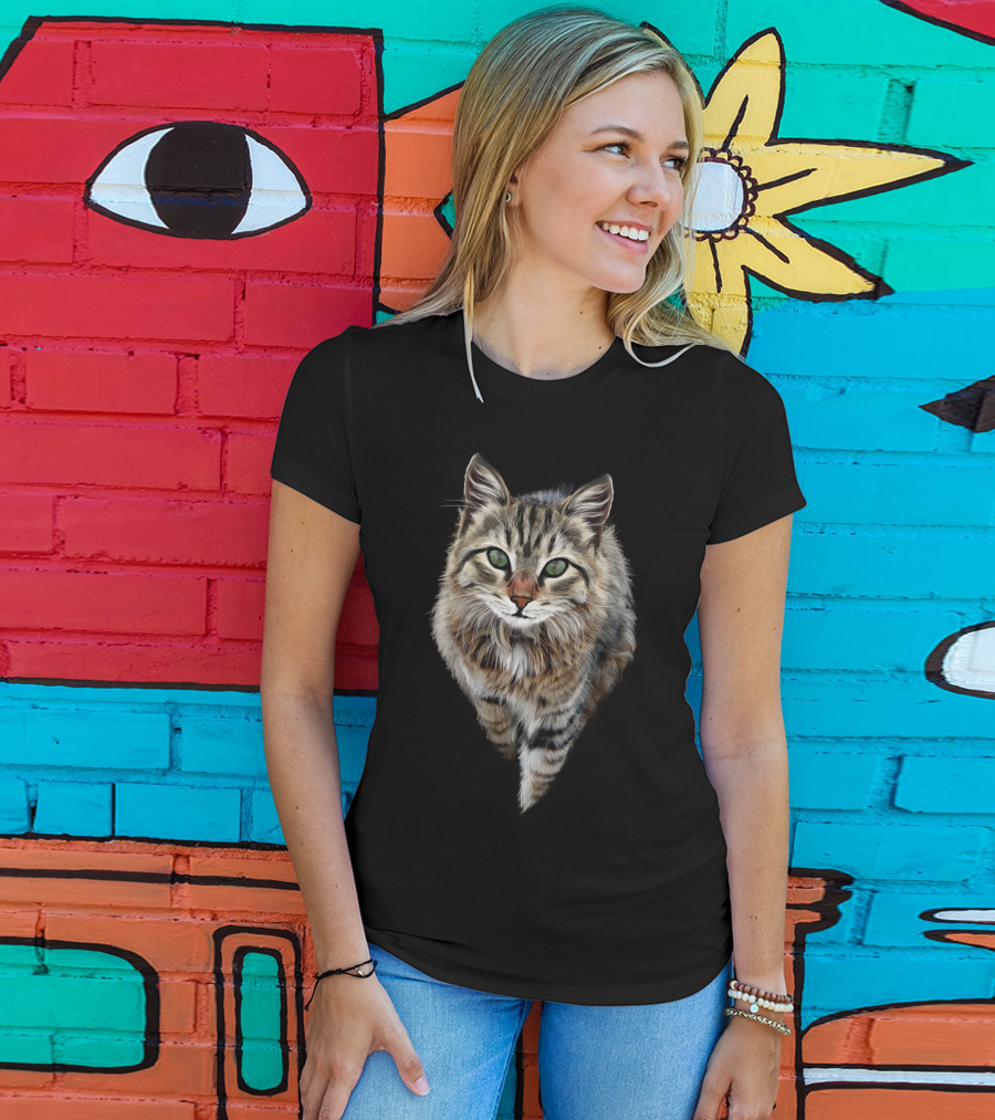 Brown Cat Green Eyes Cats Feline Realistic T-Shirt