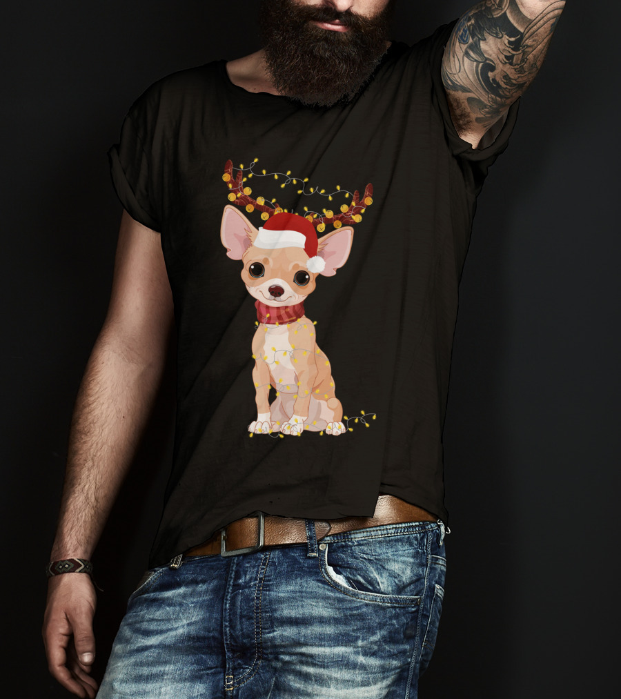 Chihuahua With Santa Hat Reindeer Antlers Christmas Lights Noel T-Shirt
