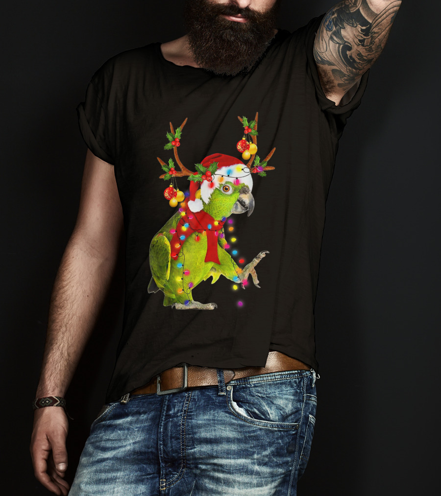 Cockatoo Parrot Reindeer Antlers Christmas Lights Santa Hat T-Shirt