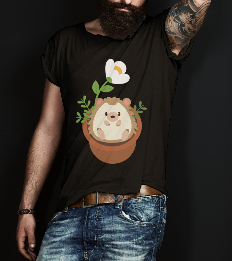 Cute Hedgehog Sitting In Flowering Plant Pot T-Shirt