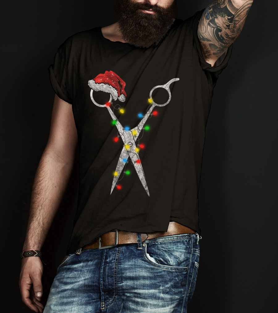Funny Christmas Scissor Hairstylist Santa Hat Lights T-Shirt