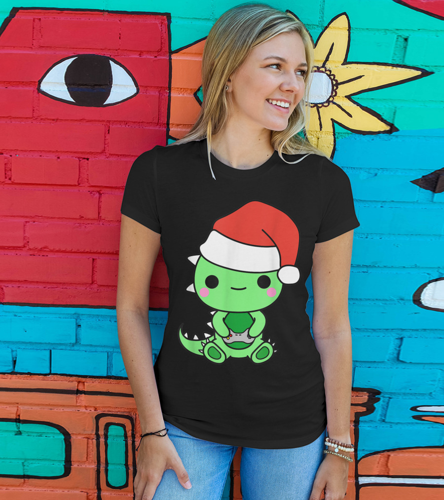 Christmas Gaming Dinosaur Santa Gamer Nerd T-Shirt