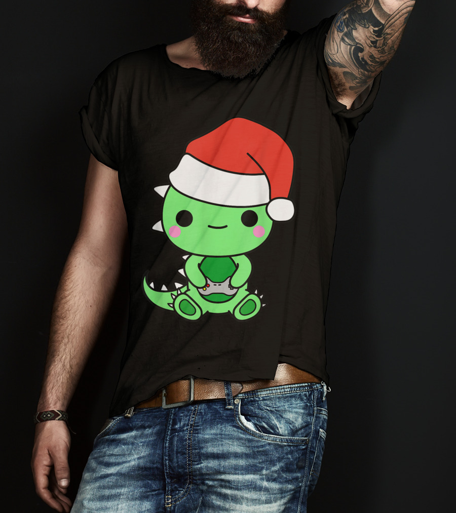 Christmas Gaming Dinosaur Santa Gamer Nerd T-Shirt