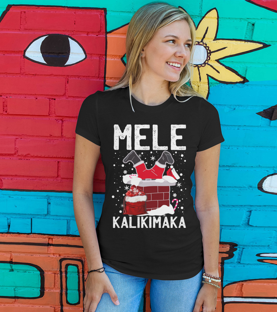 Mele Kalikimaka Santa In Chimney With Gifts Candy Cane Snowflakes Hawaiian Christmas T-Shirt