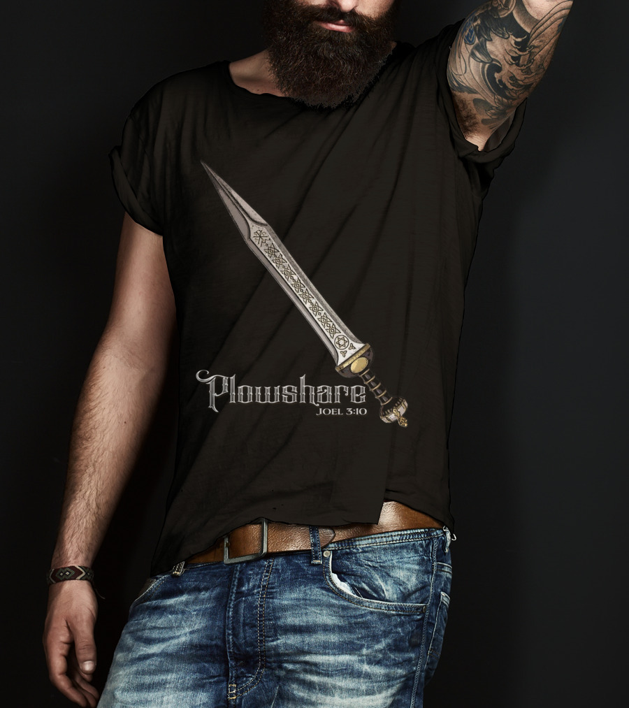 Plowshare Joel 3:10 Sword Design Red Chi Rho Brand T-Shirt