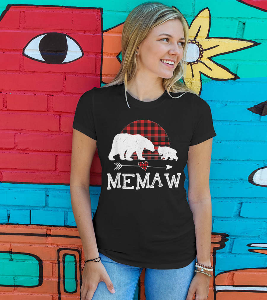 Memaw Bear With Red Plaid Buffalo Check And Heart Arrow T-Shirt