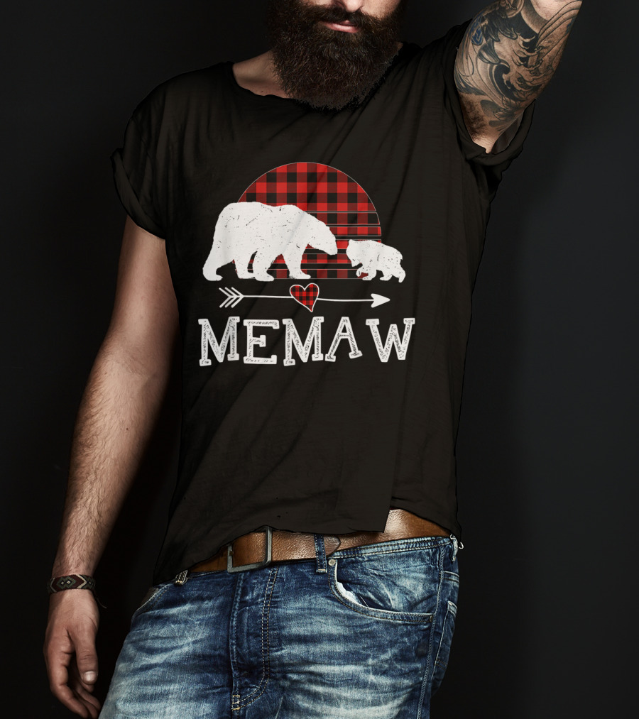 Memaw Bear With Red Plaid Buffalo Check And Heart Arrow T-Shirt