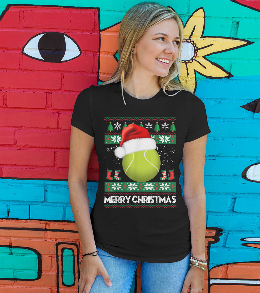 Merry Christmas Santa Hat Tennis Baum Pullover Snowflakes T-Shirt
