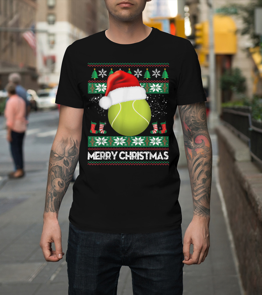 Merry Christmas Santa Hat Tennis Baum Pullover Snowflakes T-Shirt