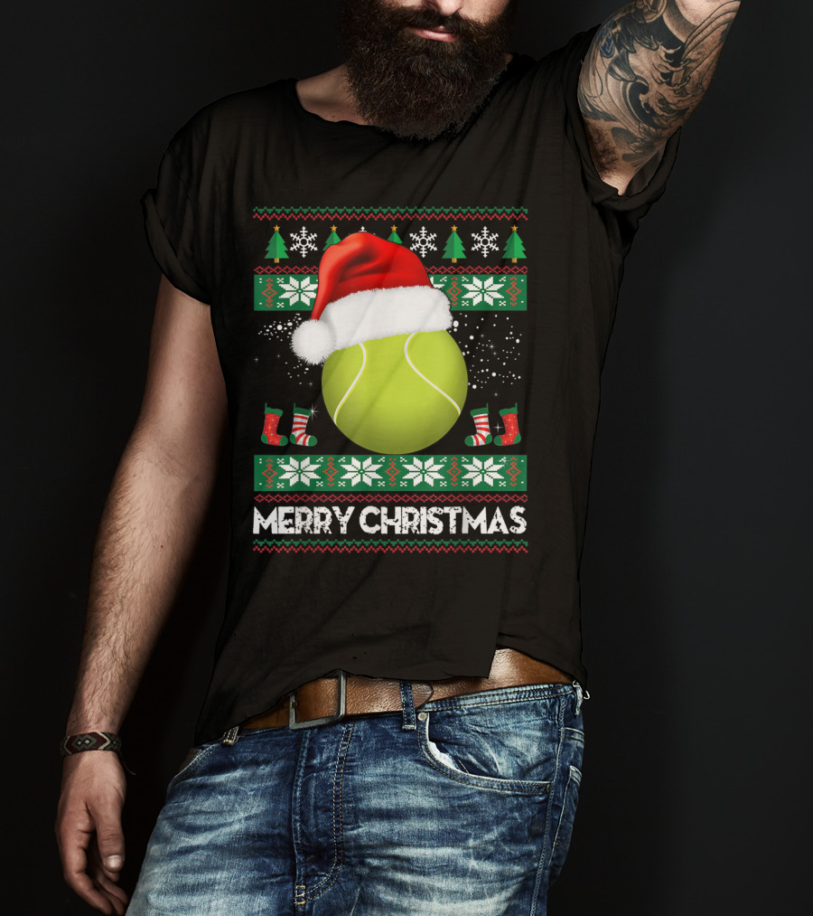 Merry Christmas Santa Hat Tennis Baum Pullover Snowflakes T-Shirt