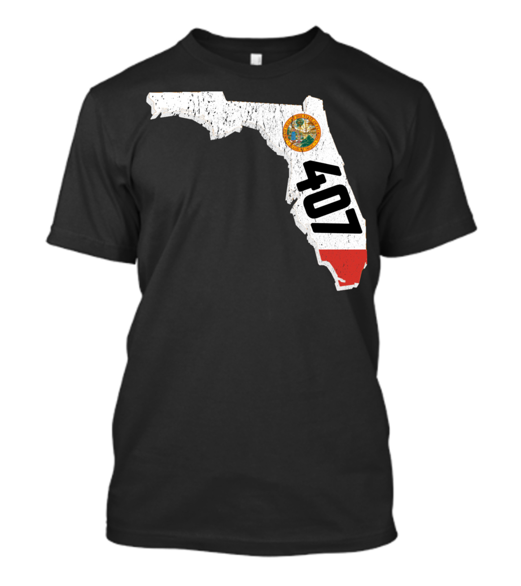 Florida Map Outline With State Seal And 407 Area Code T-Shirt