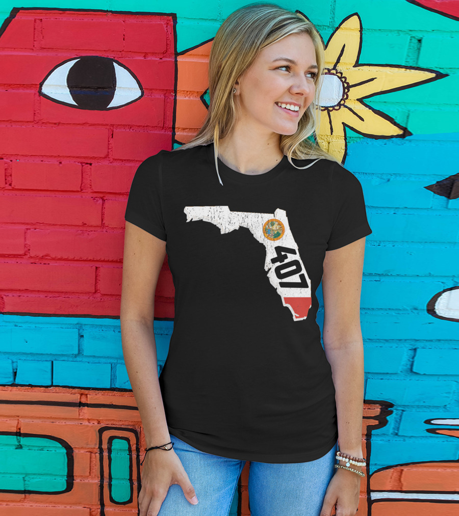 Florida Map Outline With State Seal And 407 Area Code T-Shirt