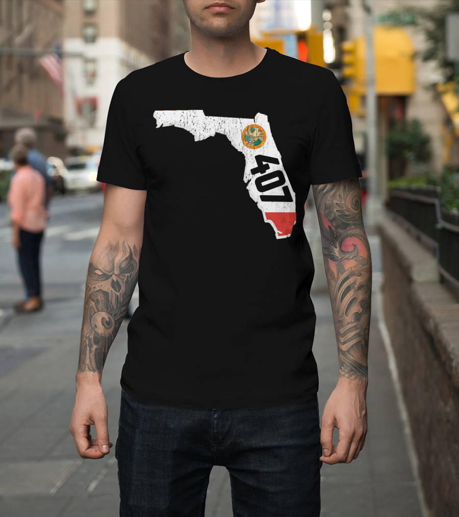 Florida Map Outline With State Seal And 407 Area Code T-Shirt