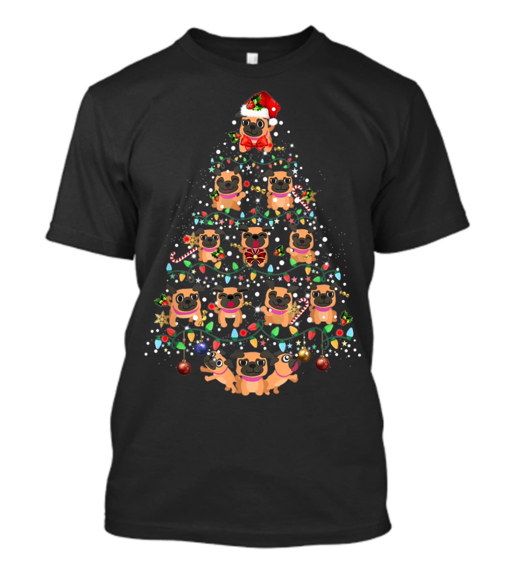 Pug Dog Christmas Tree With Santa Hat And Holiday Decorations T-Shirt