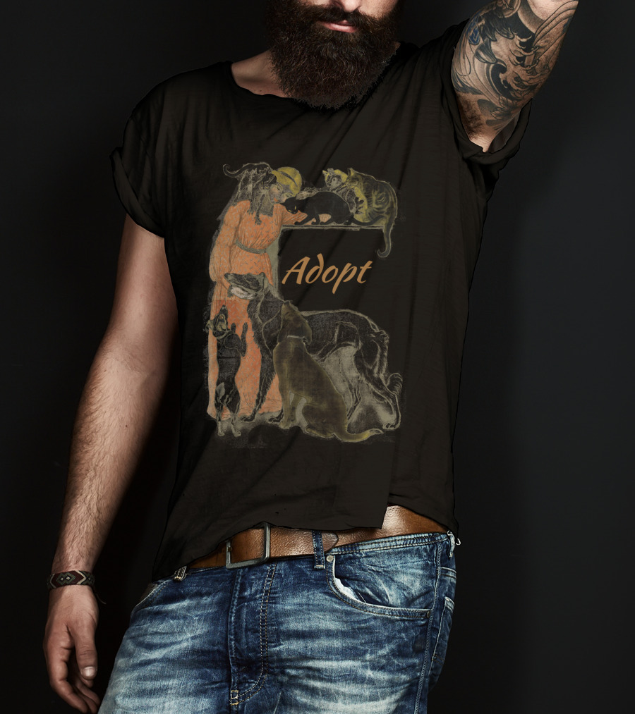 Rescue Adopt Love Dog And Cat Lover With Vintage Style Woman Surrounded By Pets T-Shirt