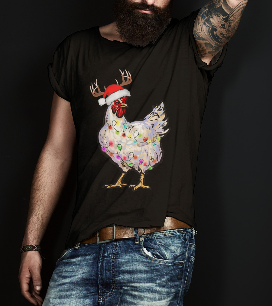 Santa Chicken Reindeer With Christmas Lights And Antlers T-Shirt