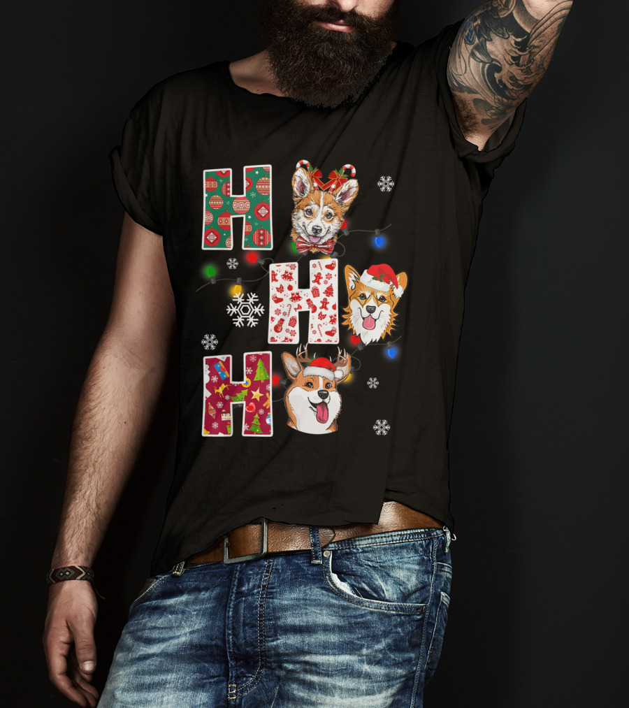 Ho Ho Ho Santa Corgi Christmas Lights Snowflakes T-Shirt