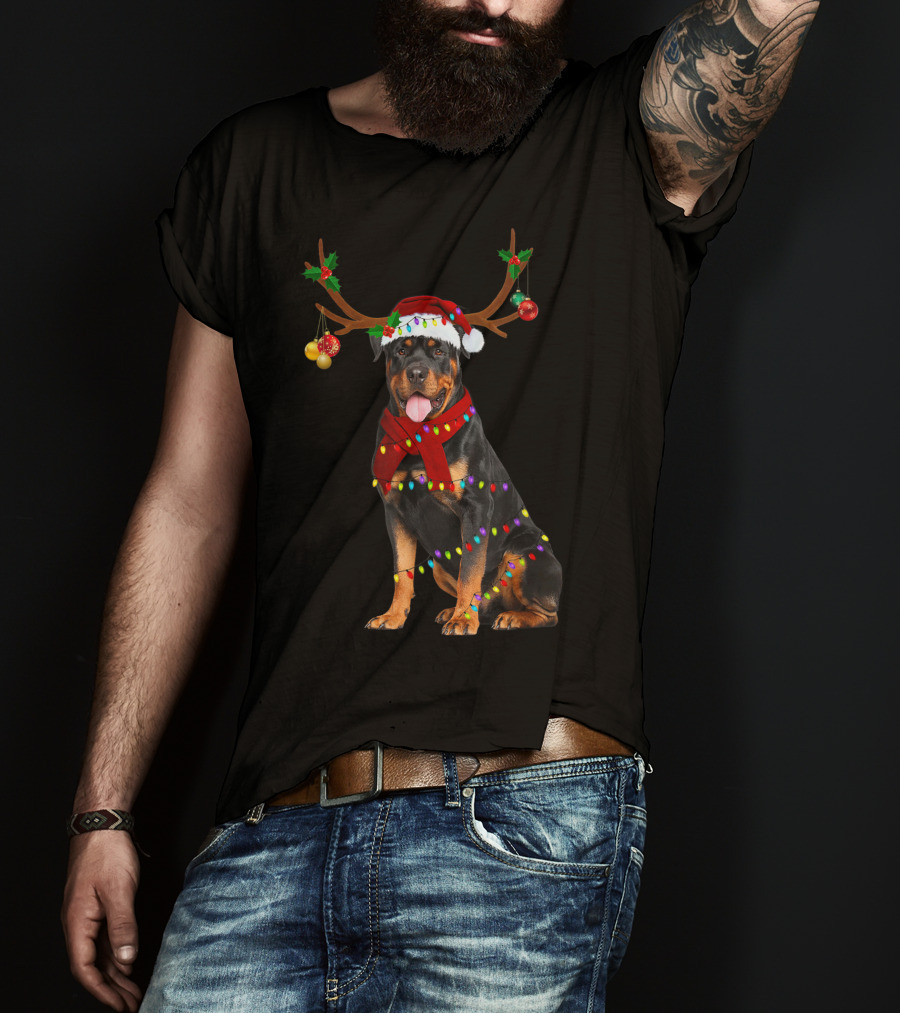 Santa Rottweiler Christmas Reindeer Lights T-Shirt