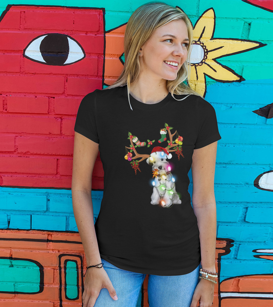 Santa Schnauzer Christmas Lights Reindeer Antlers Holiday Lover T-Shirt