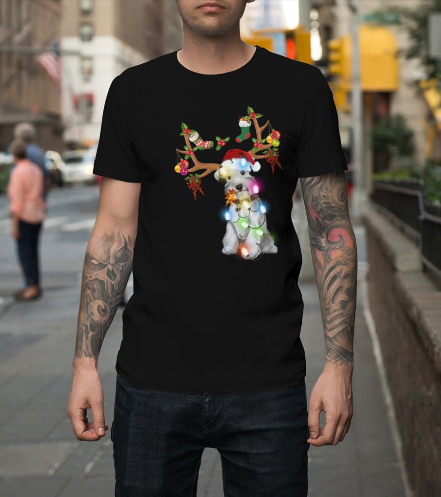 Santa Schnauzer Christmas Lights Reindeer Antlers Holiday Lover T-Shirt