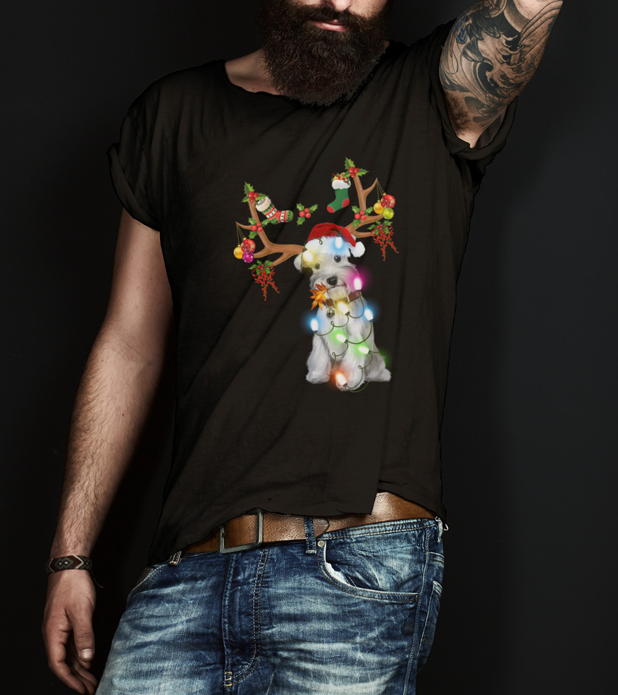 Santa Schnauzer Christmas Lights Reindeer Antlers Holiday Lover T-Shirt