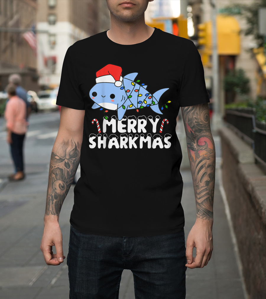 Merry Sharkmas Santa Shark Christmas Lights Boys T-Shirt