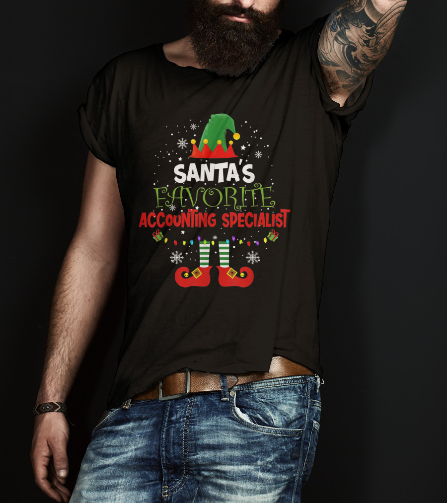 Santa's Favorite Accounting Specialist Elf Theme With Christmas Snowflakes And Gifts T-Shirt