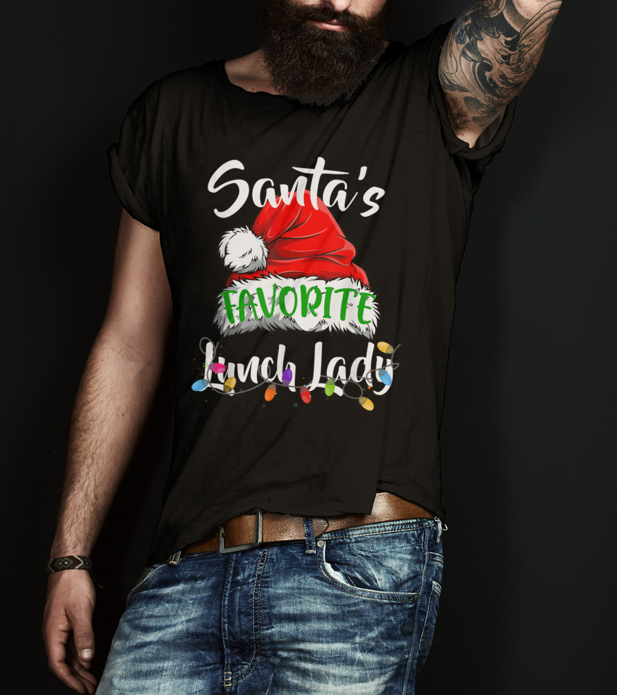 Santa's Favorite Lunch Lady Santa Hat Christmas Lights T-Shirt