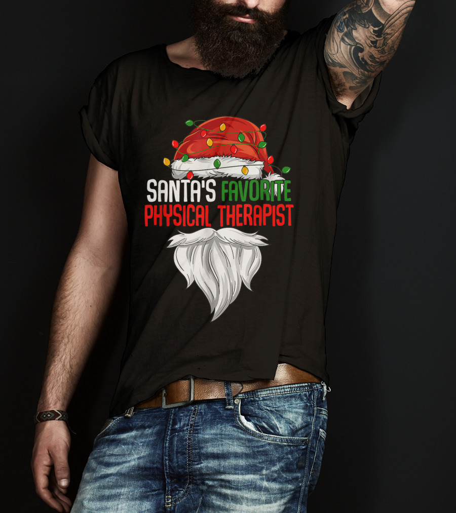 Santa's Favorite Physical Therapist Christmas Lights Hat And Beard T-Shirt