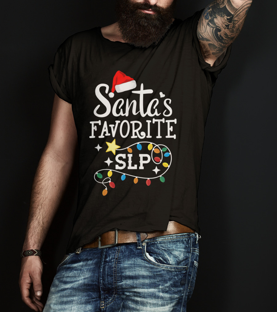 Santa's Favorite SLP Speechlanguage Christmas Lights And Santa Hat T-Shirt
