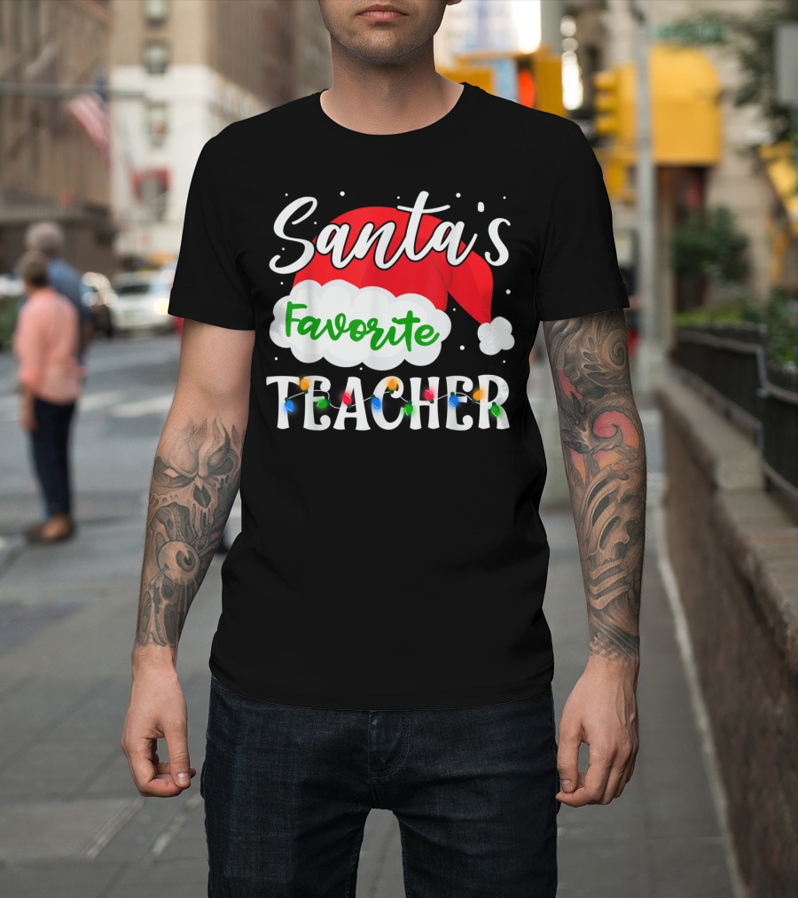 Santa's Favorite Teacher Holiday Santa Hat With Christmas Lights T-Shirt