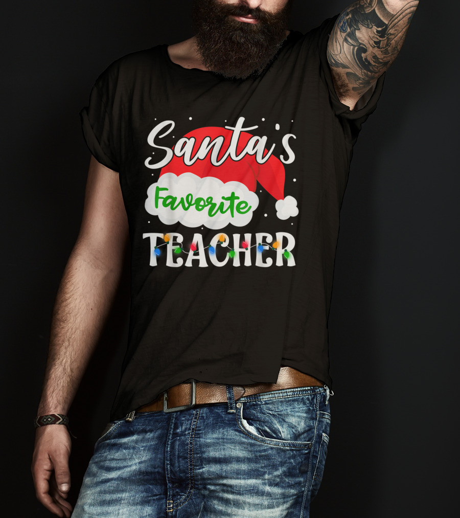 Santa's Favorite Teacher Holiday Santa Hat With Christmas Lights T-Shirt