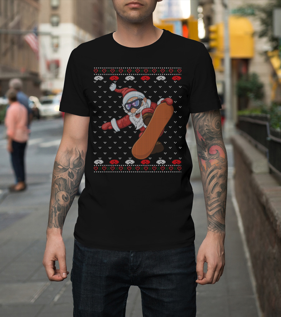 Snowboarding Santa with Goggles in Ugly Christmas T-Shirt