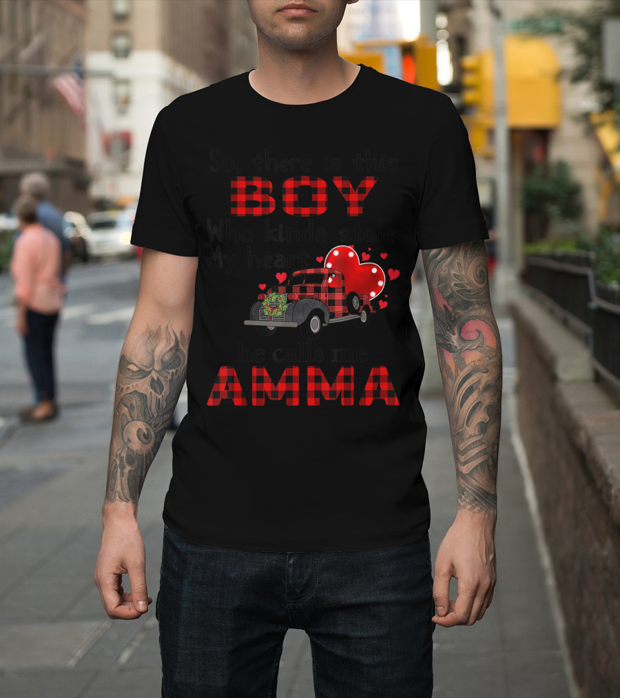So There Is This Boy Who Kinda Stole My Heart He Calls Me Amma Red Plaid Truck Hearts T-Shirt