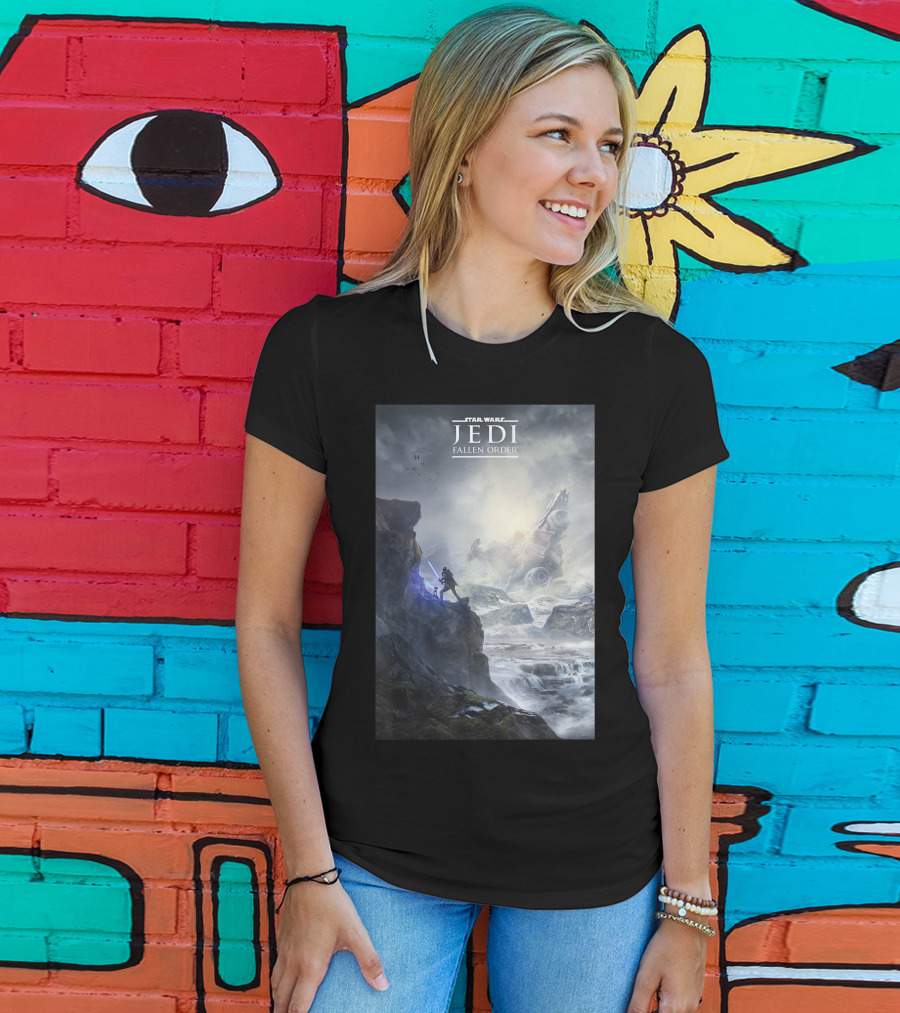 Star Wars Jedi Fallen Order Scenic Battle With Stormtrooper And Ruins T-Shirt