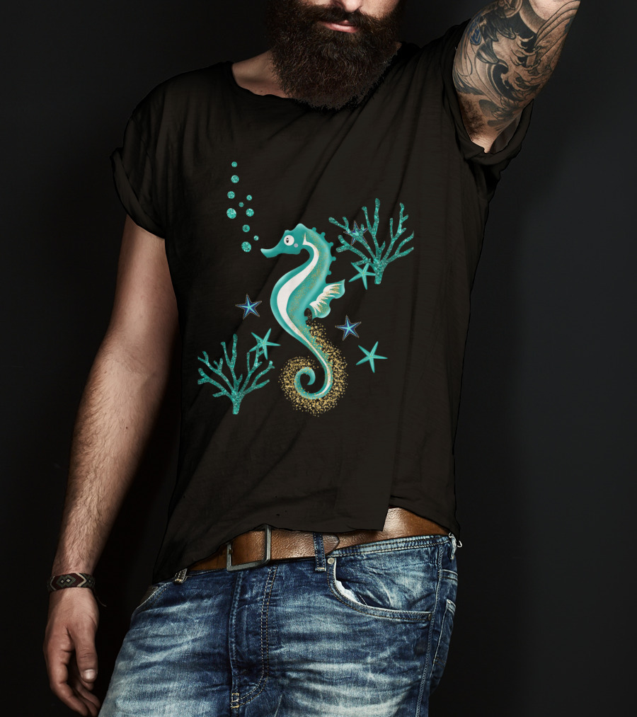 Turquoise Seahorse Ocean Coral And Starfish T-Shirt