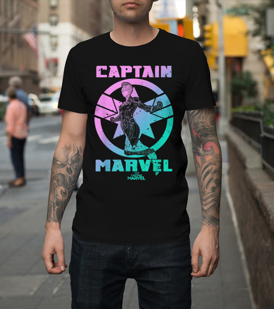 Captain Marvel Star Emblem Spectrum Heroine Pose T-Shirt