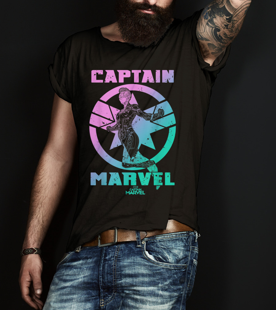 Captain Marvel Star Emblem Spectrum Heroine Pose T-Shirt